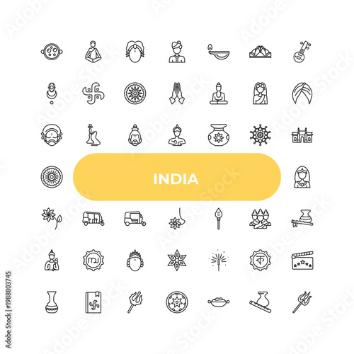outline india icons set - yakshagana, tuk tuk, sparkler. editable vector for web and mobile ui