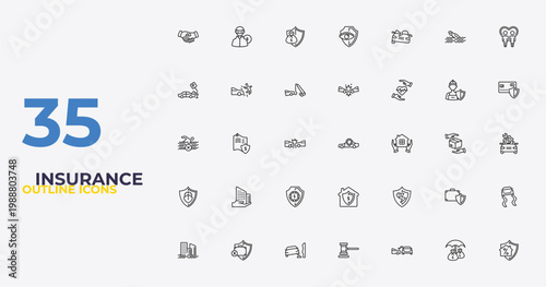 outline insurance icons set - frontal crash, problem electric, mortgage. editable vector for web and mobile ui
