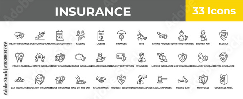 outline insurance icons set - money insurance, education insurance, coverage area. editable vector for web and mobile ui
