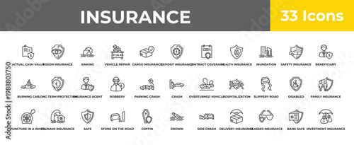 outline insurance icons set - insurance agent, tsunami insurance, investment editable vector for web and mobile ui