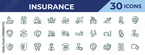 outline insurance icons set - air travel insurance, dental insurance, ship editable vector for web and mobile ui