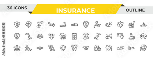 outline insurance icons set - long term protection, family house, frontal crash. editable vector for web and mobile ui