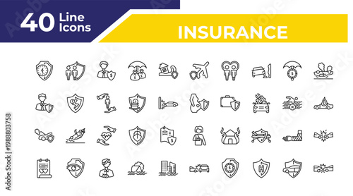 outline insurance icons set - insurance agent, engine problems, marriage contract. editable vector for web and mobile ui