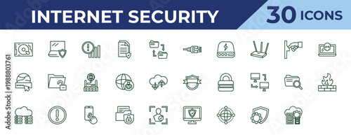 outline internet security icons set - file sharing, malware, firewall. editable vector for web and mobile ui