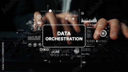 Fotografía Modern Data Orchestration Concept with Hands on Keyboard and Digital Graphics for Technology Solutions and Innovations