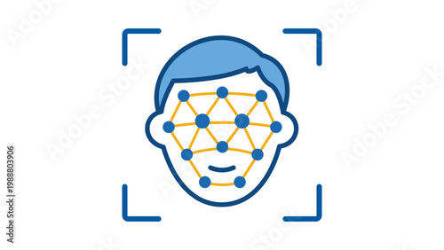 Facial recognition technology vector icon illustration featuring a stylized human face outline with a biometric grid mesh for identity verification, security authentication, and AI scanning.