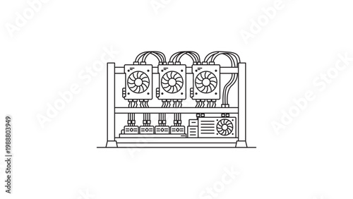 Cryptocurrency Mining Rig with Graphics Cards and Cooling Fans, Minimalist Black Line Vector Icon with Editable Stroke, Scalable Illustration for Blockchain Technology and Digital Finance Design.