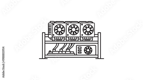 Minimalist Cryptocurrency Mining Rig Vector Icon with Editable Stroke. Clean Black Line Illustration of GPU Farm Rack on White Background. Scalable SVG for Blockchain and Technology Projects.