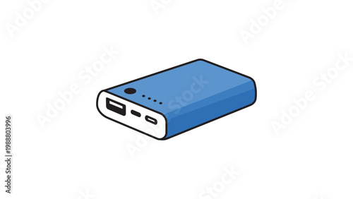 Blue Portable Power Bank Vector Icon with Editable Stroke. Modern flat illustration of an external battery charger for mobile devices, featuring USB ports and indicator lights on white background.