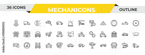 outline mechanicons icons set - car at gas station, car for sale, big truck. editable vector for web and mobile ui