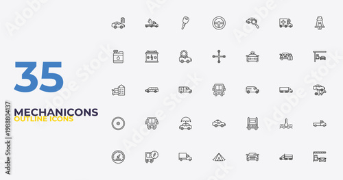 outline mechanicons icons set - changing wheels tool, big truck, car in a gas station. editable vector for web and mobile ui