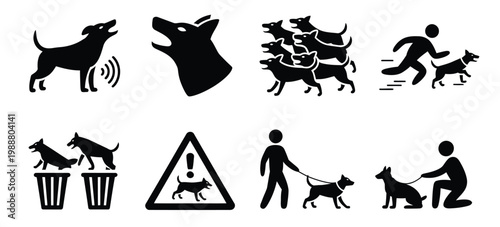 Stray dog danger icons illustration set, stick figure silhouettes showing barking attack aggressive pack chasing human scavenging trash and warning symbols.
