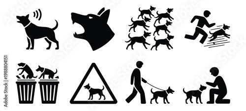 Aggressive dog warning icons illustration, stick figure silhouettes with barking attack chasing human scavenging trash and pack danger symbols for safety awareness.
