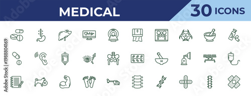 outline medical icons set - tissue paper, tablets, notepad. editable vector for web and mobile ui