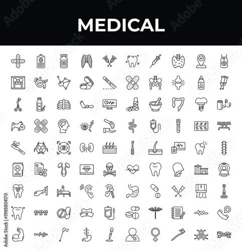 outline medical icons set - x ray of bones, tooth brush, arm. editable vector for web and mobile ui