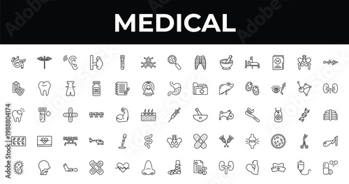 outline medical icons set - molecular structure, kidney, plaster. editable vector for web and mobile ui