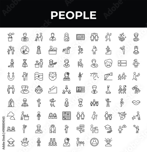 outline people icons set - man child and balloons, partners claping hands, man with idea. editable vector for web and mobile ui