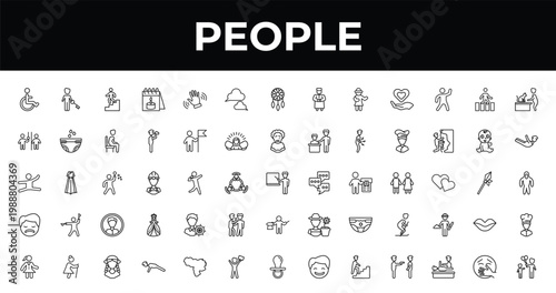 outline people icons set - chat balloon, locust, push ups. editable vector for web and mobile ui