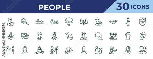 outline people icons set - lesbian couple and son, running at finish line, police arresting man. editable vector for web and mobile ui