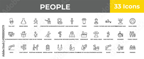 outline people icons set - king in his throne, chat group, friends. editable vector for web and mobile ui