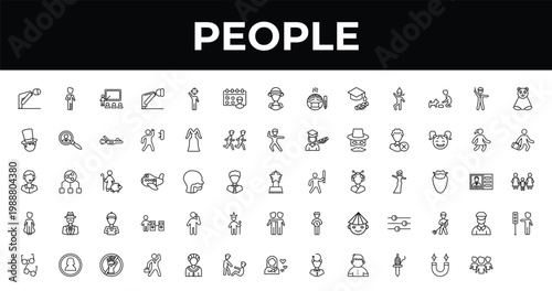 outline people icons set - meeting date, worker running, no racism. editable vector for web and mobile ui