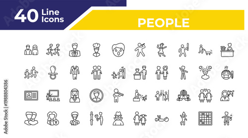 outline people icons set - walking to school, identification pass, relations. editable vector for web and mobile ui
