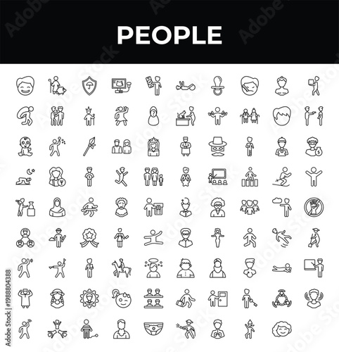 outline people icons set - men carrying a box, man celebrating, person listening. editable vector for web and mobile ui