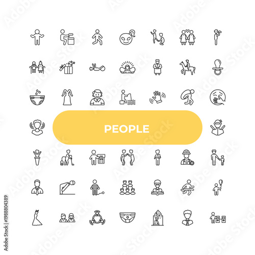 outline people icons set - baby diaper, man vacuuming, teacher reading. editable vector for web and mobile ui