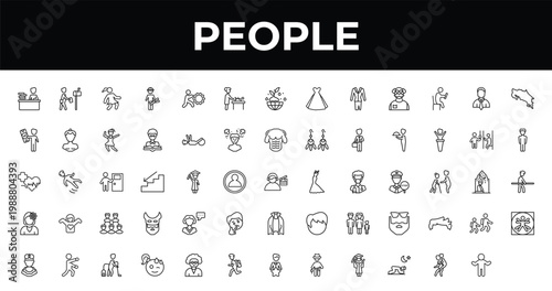 outline people icons set - baby changing, vertical, man vacuuming. editable vector for web and mobile ui