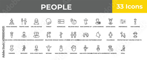 outline people icons set - sexual harassment, recovery, landkeeper. editable vector for web and mobile ui