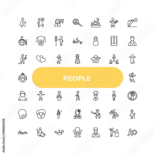 outline people icons set - give flower, standing frontal man, firefighter working. editable vector for web and mobile ui