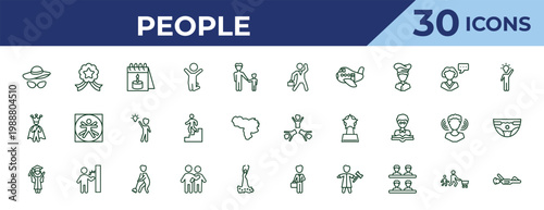 outline people icons set - businessman dancing, emperor, graduating woman. editable vector for web and mobile ui