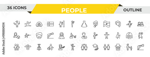 outline people icons set - bride dress, bearded woman, emperor. editable vector for web and mobile ui
