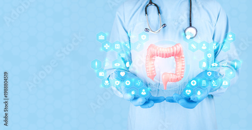 Tableau sur toile Colorectal surgeon demonstrates the function of the large intestine