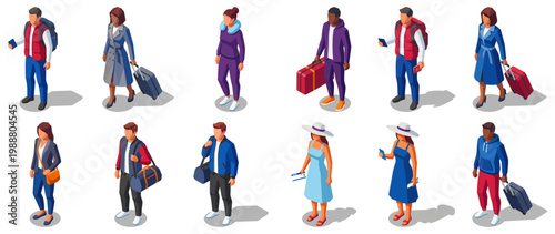Isometric travelers and tourists set with luggage and passports | Vector people characters collection for travel and vacation themes