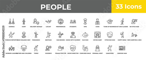 outline people icons set - paramedic, father and children, identification ard. editable vector for web and mobile ui