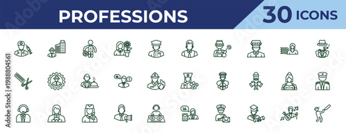 outline professions icons set - office worker, hairdresser, callcenter. editable vector for web and mobile ui