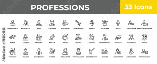 outline professions icons set - mechanic, builder, mathematician. editable vector for web and mobile ui