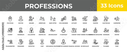 outline professions icons set - callcenter, pensioner, thief. editable vector for web and mobile ui