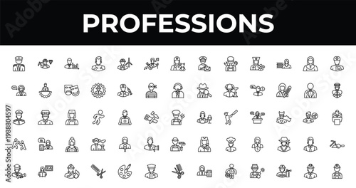 outline professions icons set - musician, driver, hairdresser. editable vector for web and mobile ui