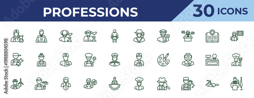 outline professions icons set - hunter, plumber, wind turbine technician. editable vector for web and mobile ui