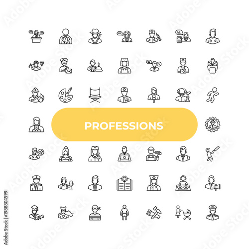 outline professions icons set - firefighter, maid, physician assistant. editable vector for web and mobile ui