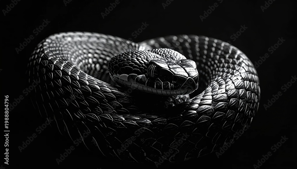 Fototapeta premium Close-up Black and White Portrait of a Coiled Snake.