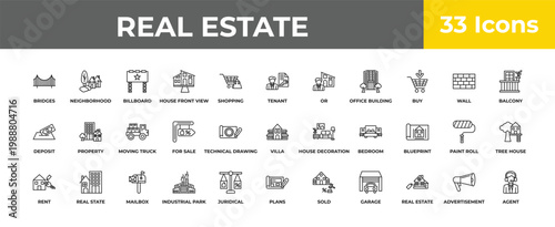 outline real estate icons set - moving truck, real state, agent. editable vector for web and mobile ui