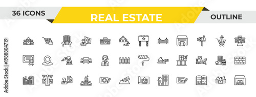 outline real estate icons set - billboard, agent, tenant. editable vector for web and mobile ui