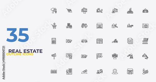 outline real estate icons set - storehouse, mansion, neighborhood. editable vector for web and mobile ui
