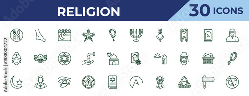 outline religion icons set - menorah, hindu, star and crescent moon. editable vector for web and mobile ui