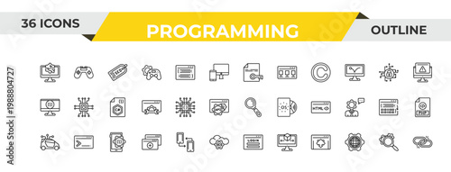 outline programming icons set - encripted file, hardware, mobile development. editable vector for web and mobile ui