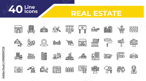 outline real estate icons set - sold, property, blueprint. editable vector for web and mobile ui