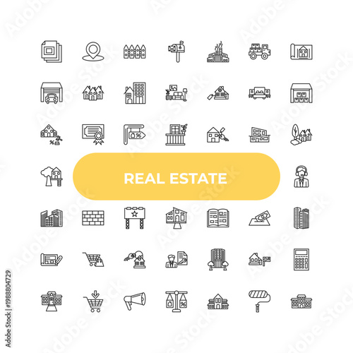 outline real estate icons set - sold, wall, office building. editable vector for web and mobile ui